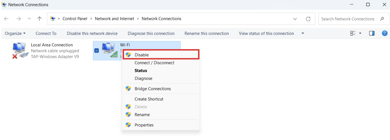 When the window opens, right-click on the wireless network adapter and select Disable